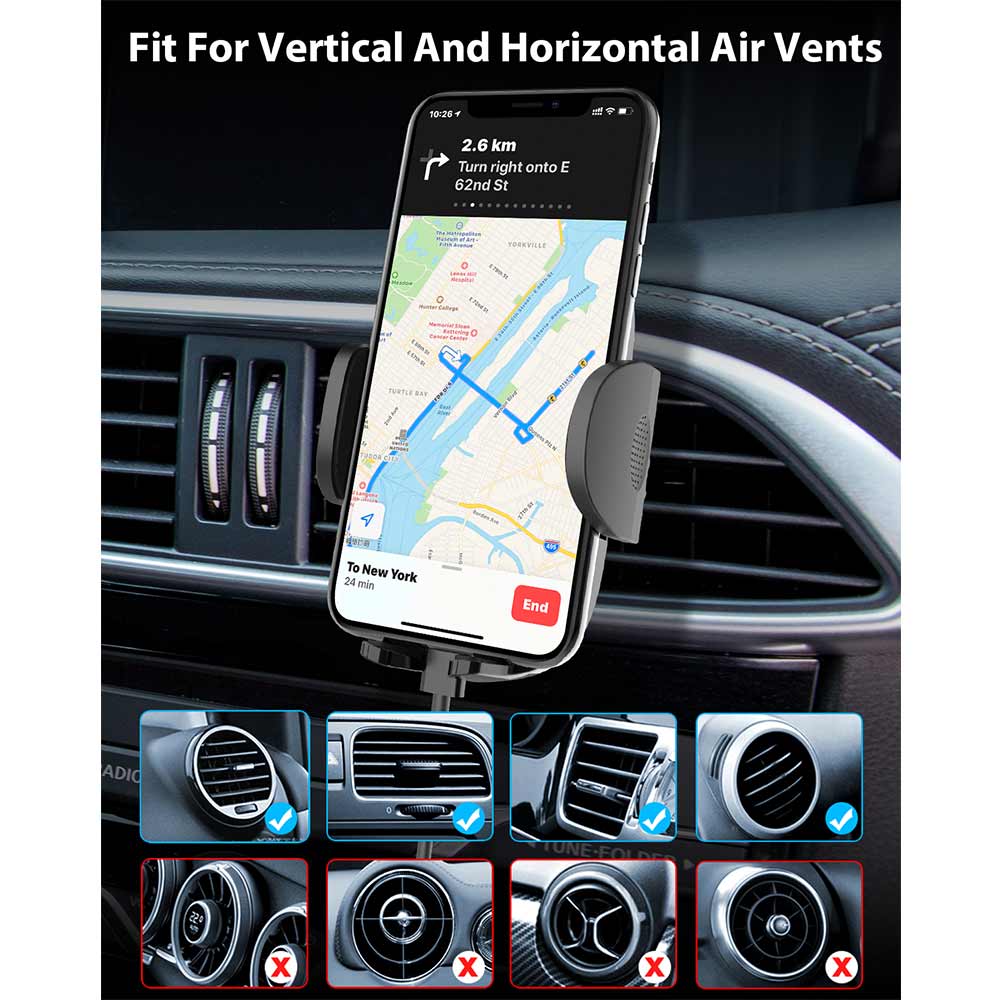 Solid Air Vent Phone Mount securely holding a smartphone in a vehicle's air vent, showcasing its padded grip and rotatable design.