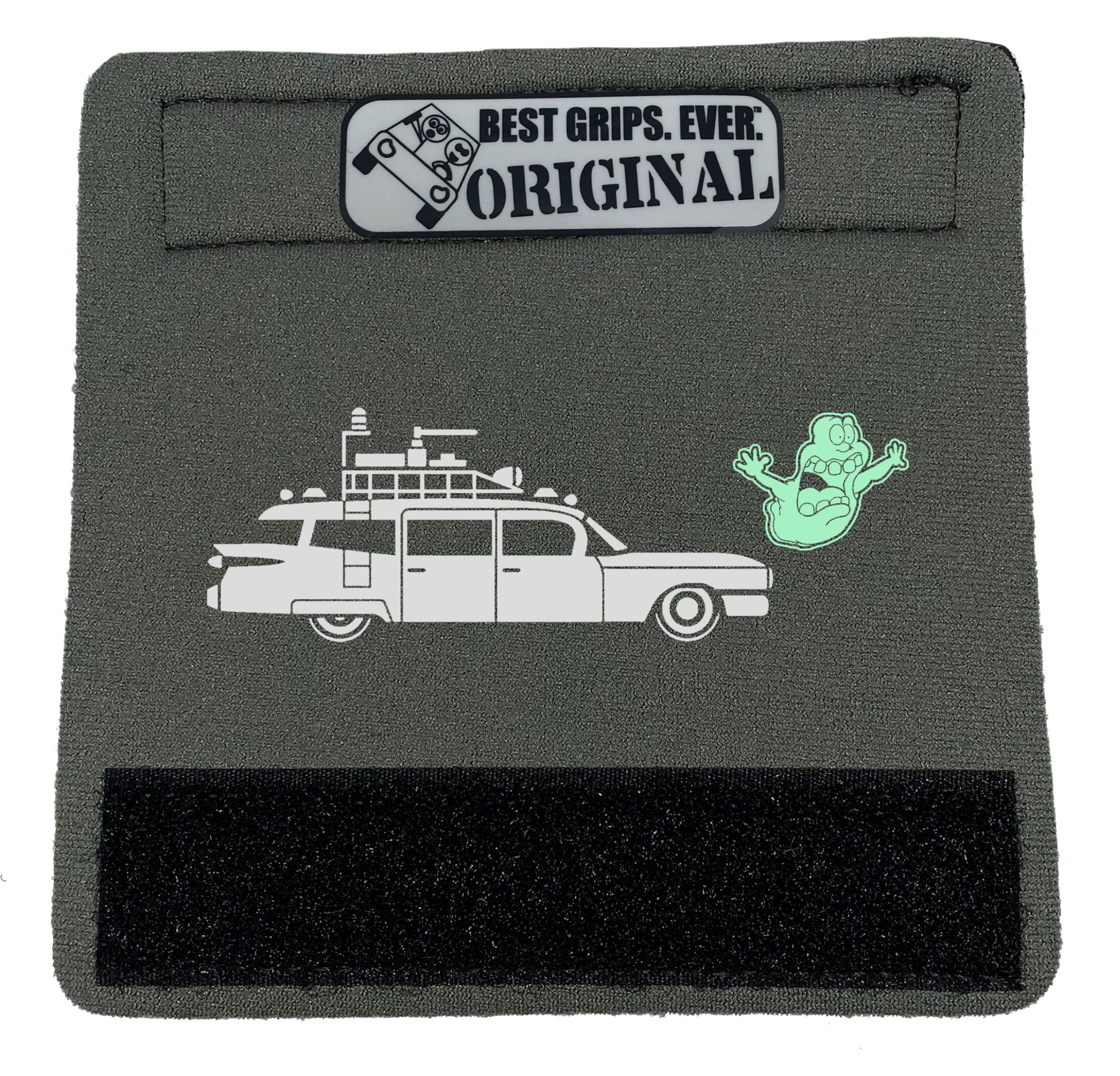 The Ghostbuster Grip featuring Slimer artwork that glows in the dark, designed for vehicle comfort and style.