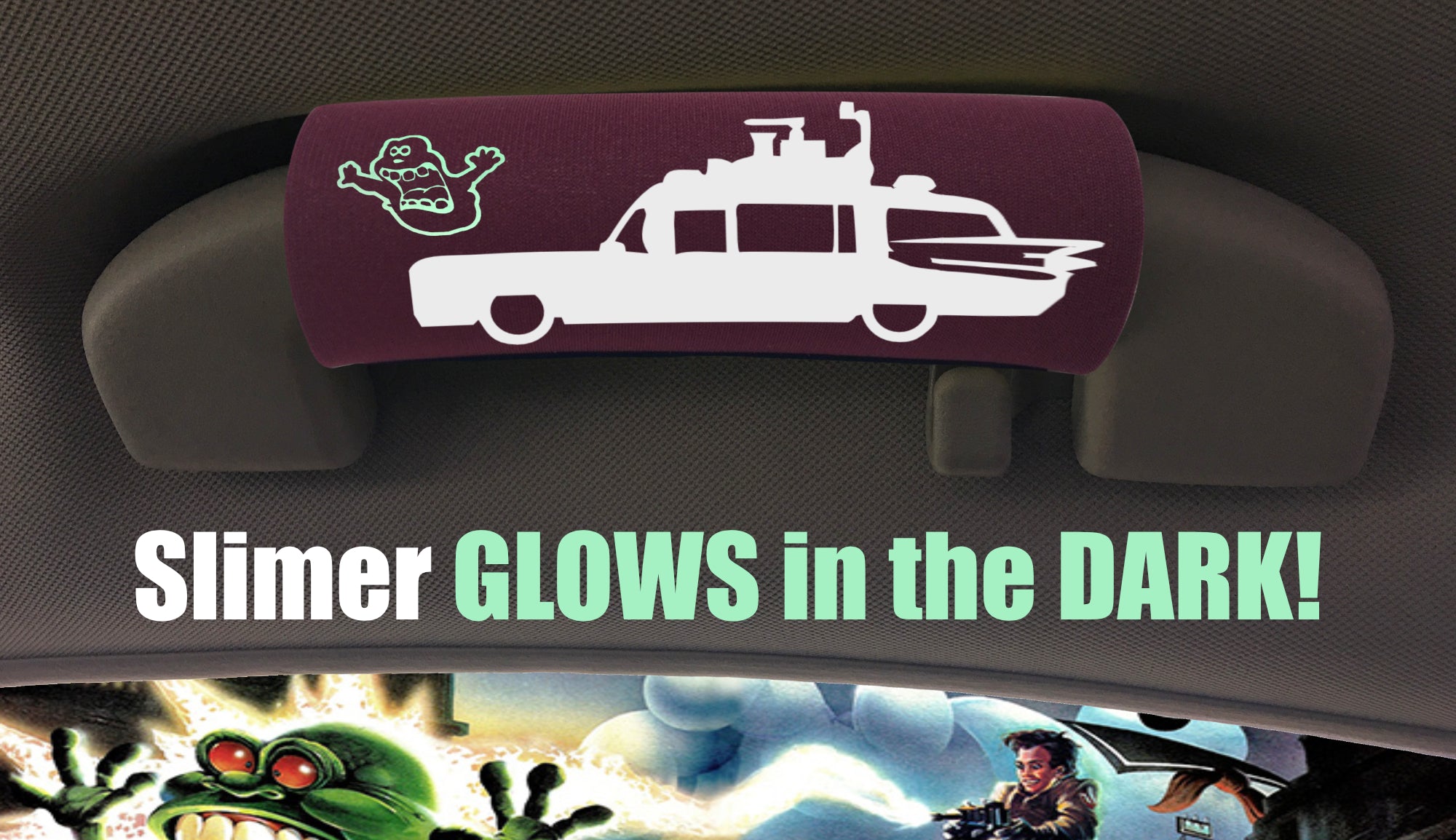 The Ghostbuster Grip featuring Slimer artwork that glows in the dark, designed for vehicle comfort and style.