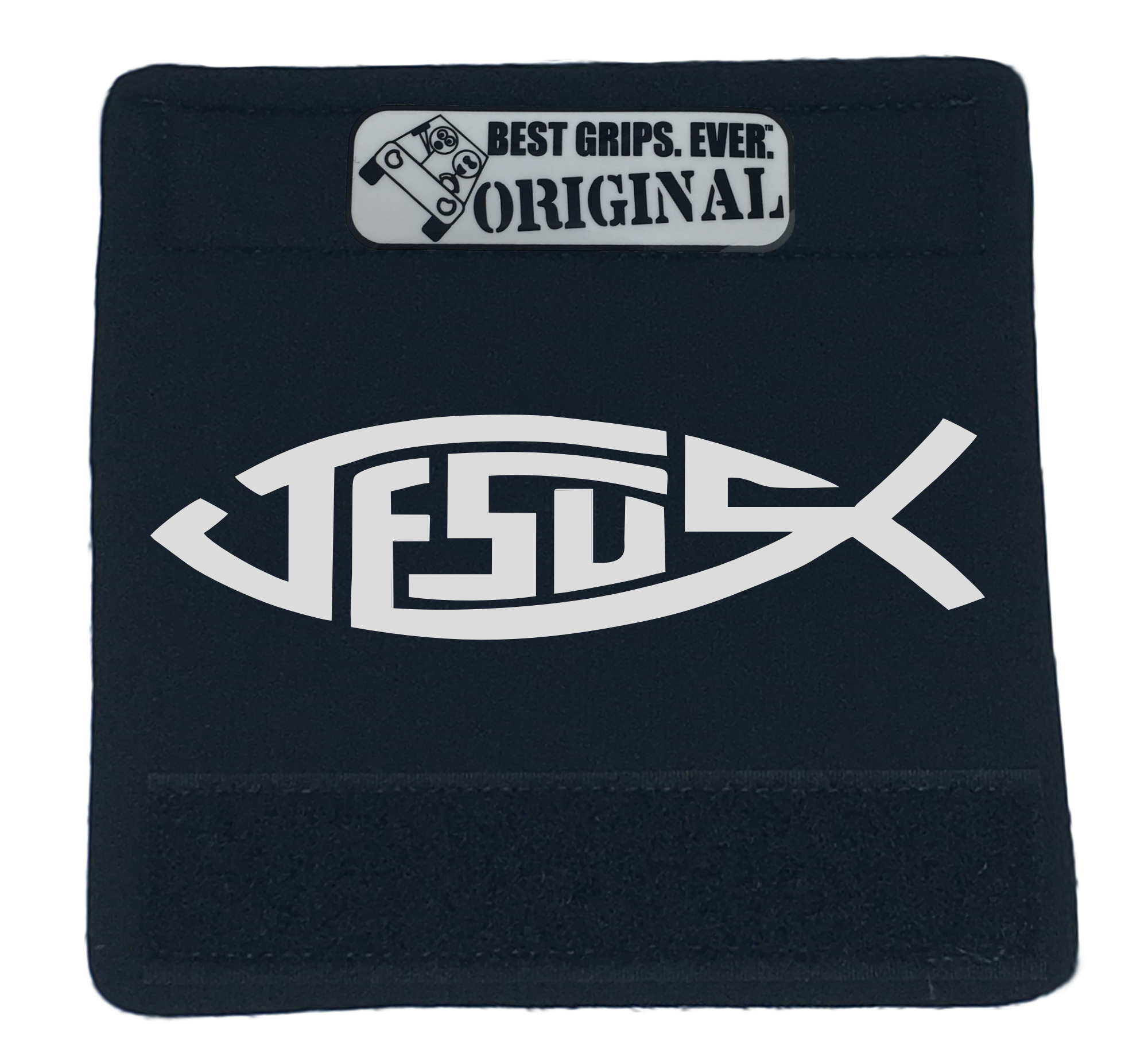 The Jesus Fish Grip featuring smooth artwork and a soft base, available in various colors for vehicle interiors.