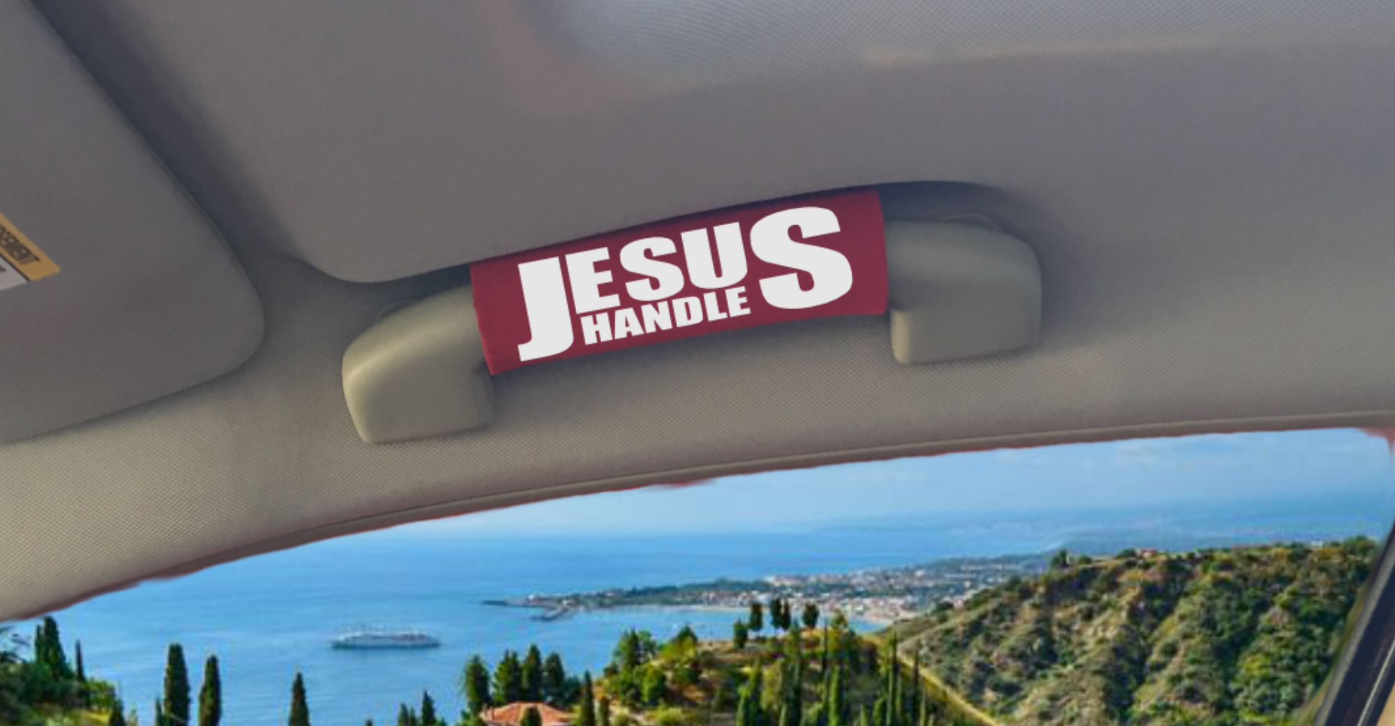 The Jesus Handle featuring smooth artwork and a soft base, designed for vehicle comfort and style.