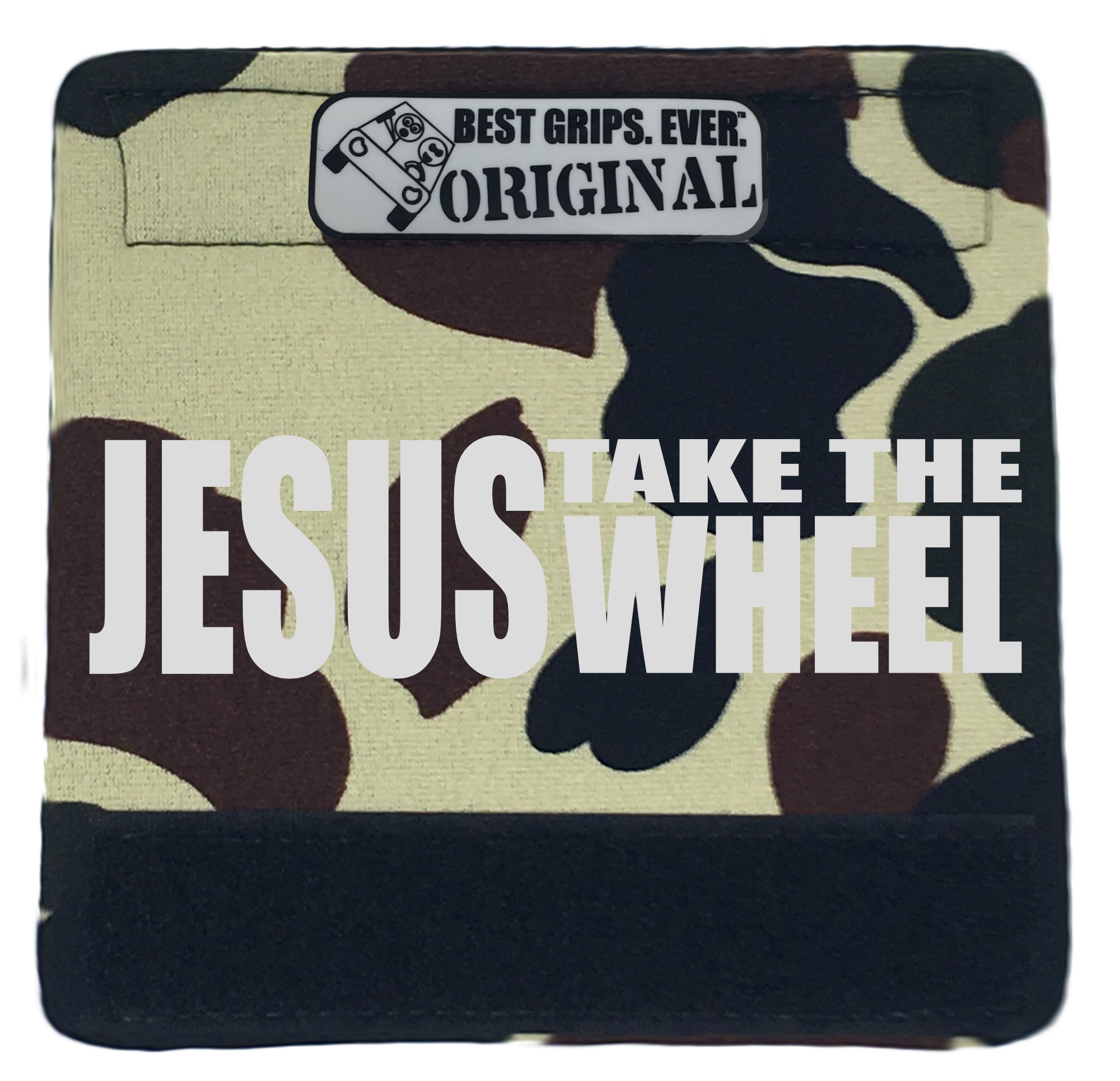 Jesus Take the Wheel Grip featuring smooth artwork and a soft base, designed for comfort and style in any vehicle.