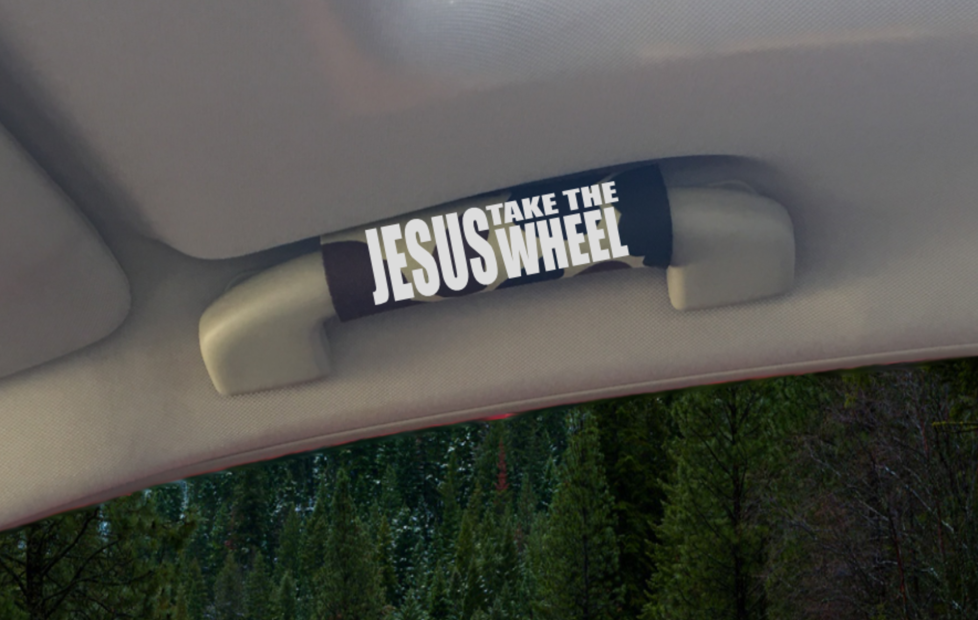 Jesus Take the Wheel Grip featuring smooth artwork and a soft base, designed for comfort and style in any vehicle.