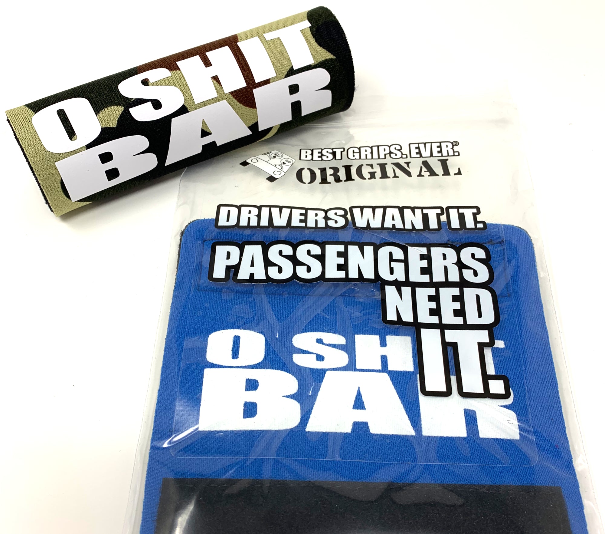 The O Shit Bar® featuring smooth artwork and a soft base, designed for comfort and style in vehicles.