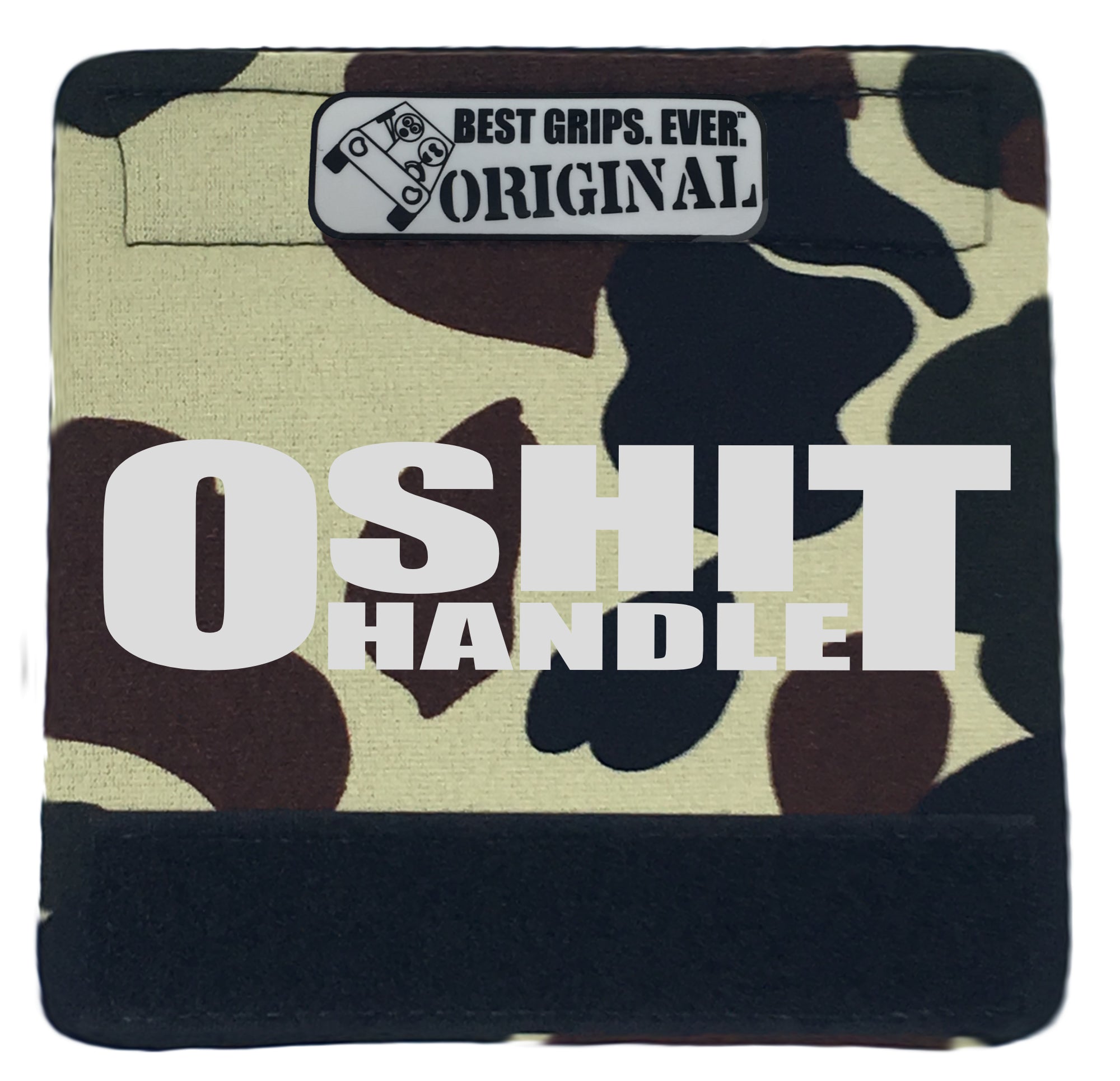 The O Shit Handle® featuring smooth artwork and a super-soft base, available in various colors for vehicle customization.