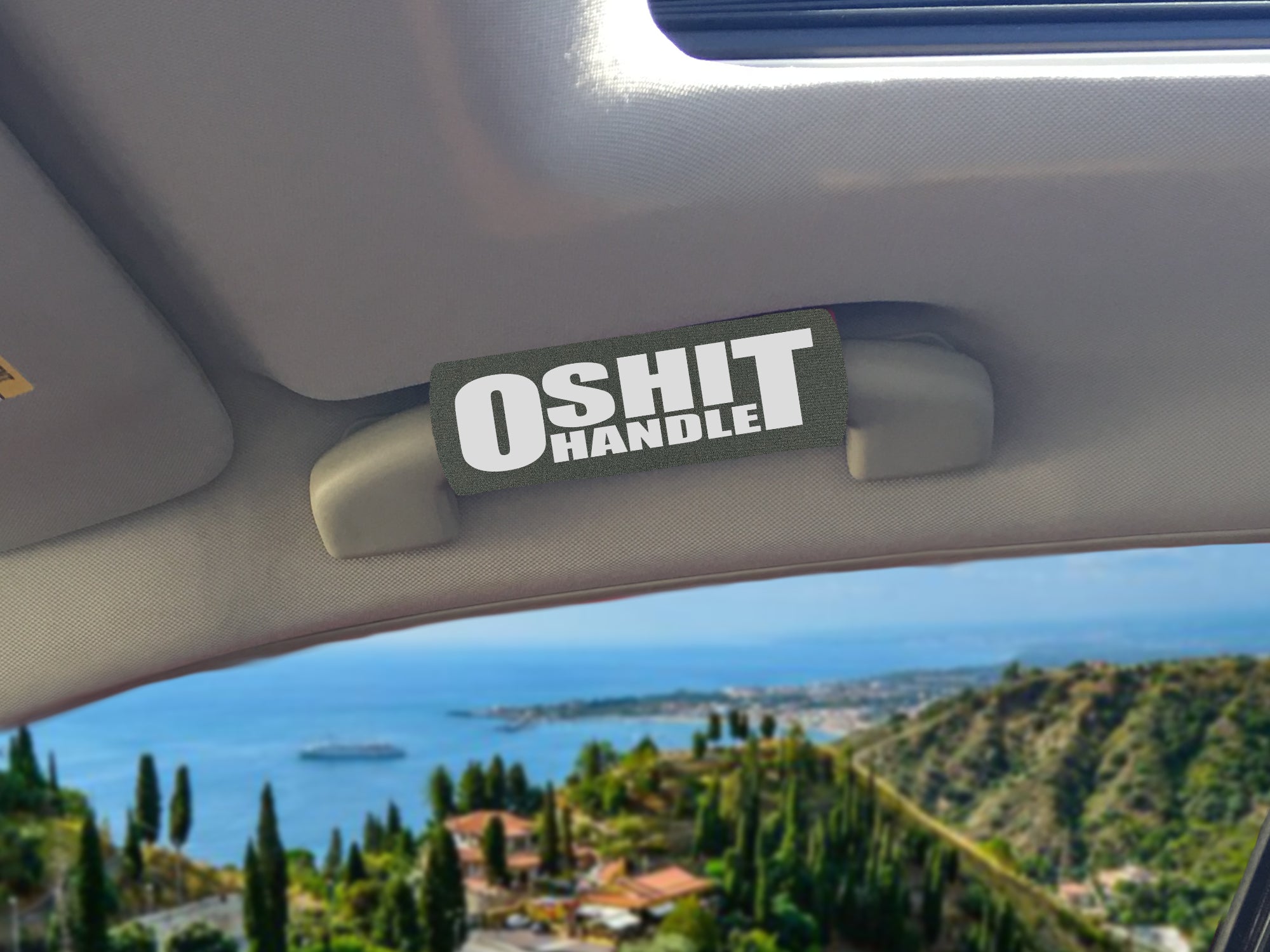 The O Shit Handle® featuring smooth artwork and a super-soft base, available in various colors for vehicle customization.