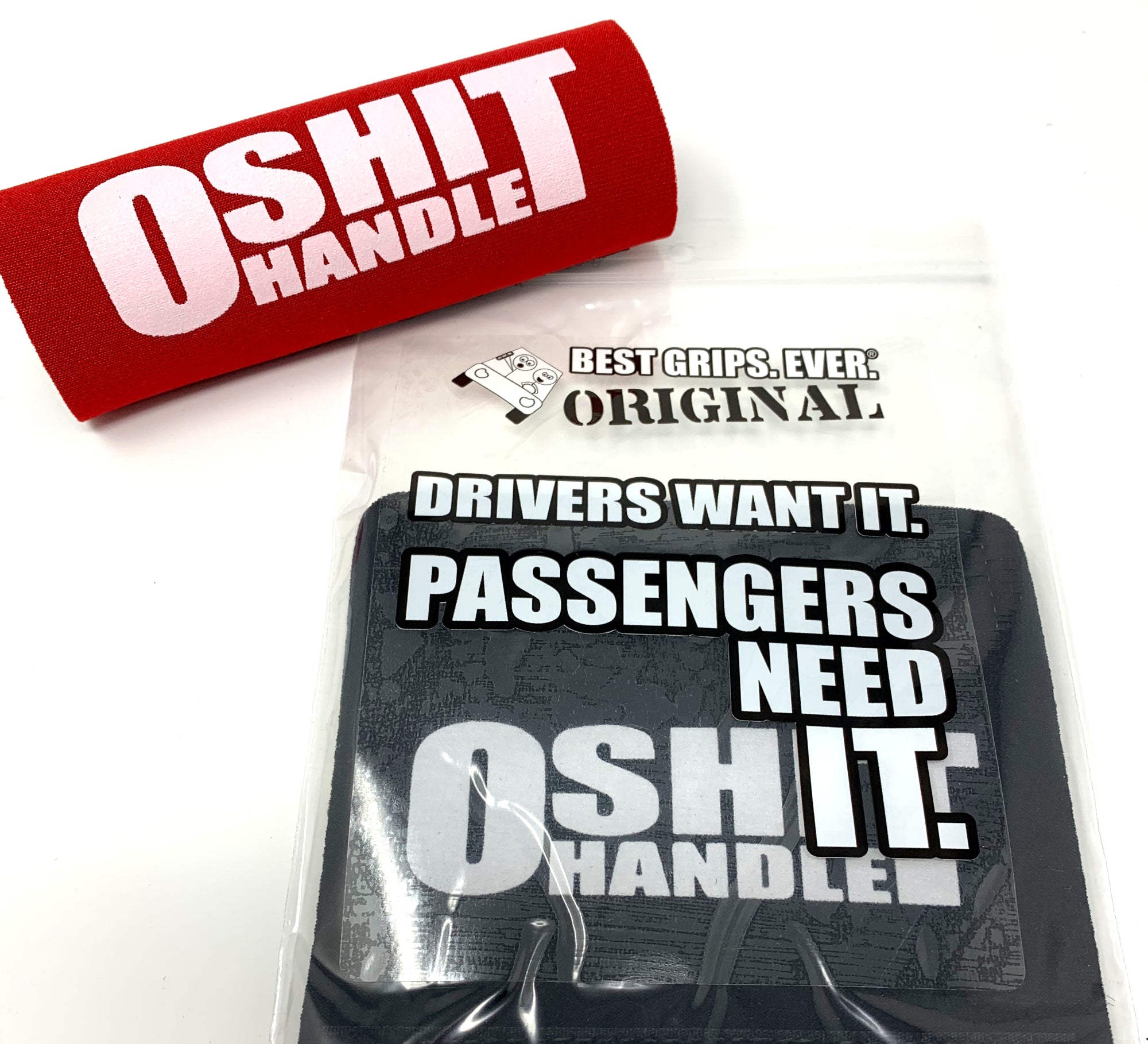 The O Shit Handle® featuring smooth artwork and a super-soft base, available in various colors for vehicle customization.