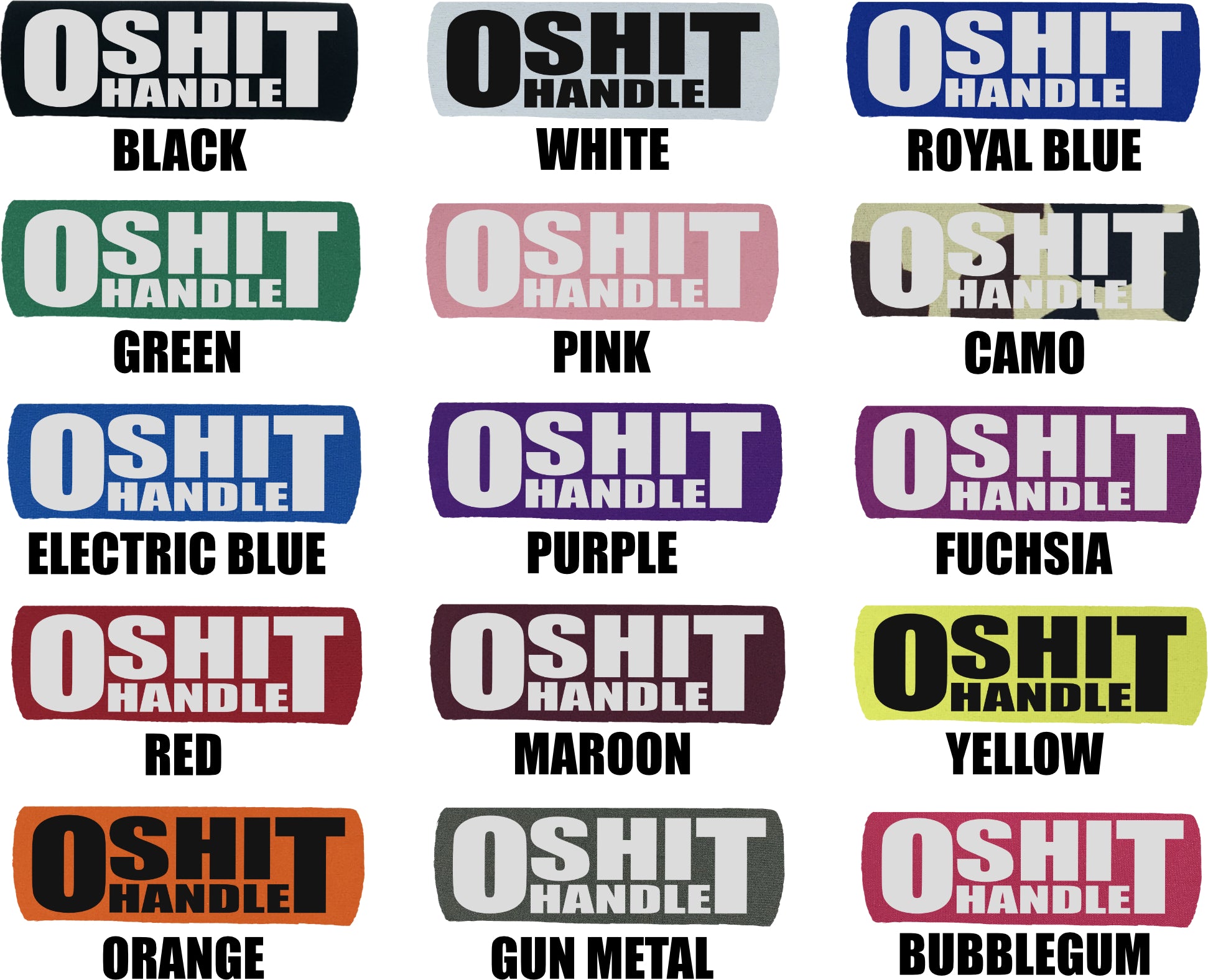 The O Shit Handle® featuring smooth artwork and a super-soft base, available in various colors for vehicle customization.