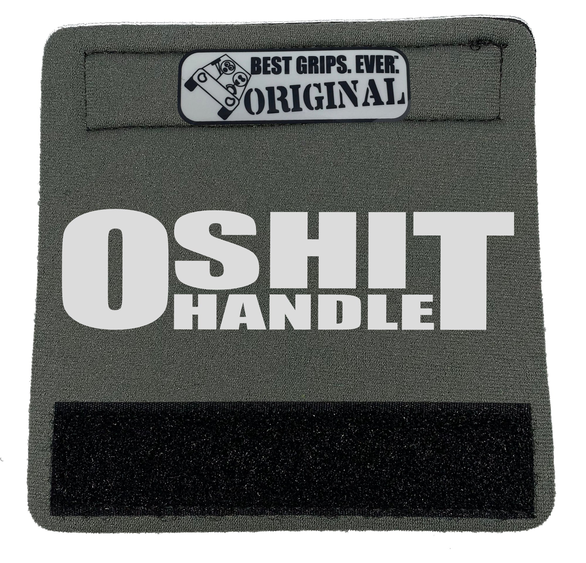 The O Shit Handle® featuring smooth artwork and a super-soft base, available in various colors for vehicle customization.