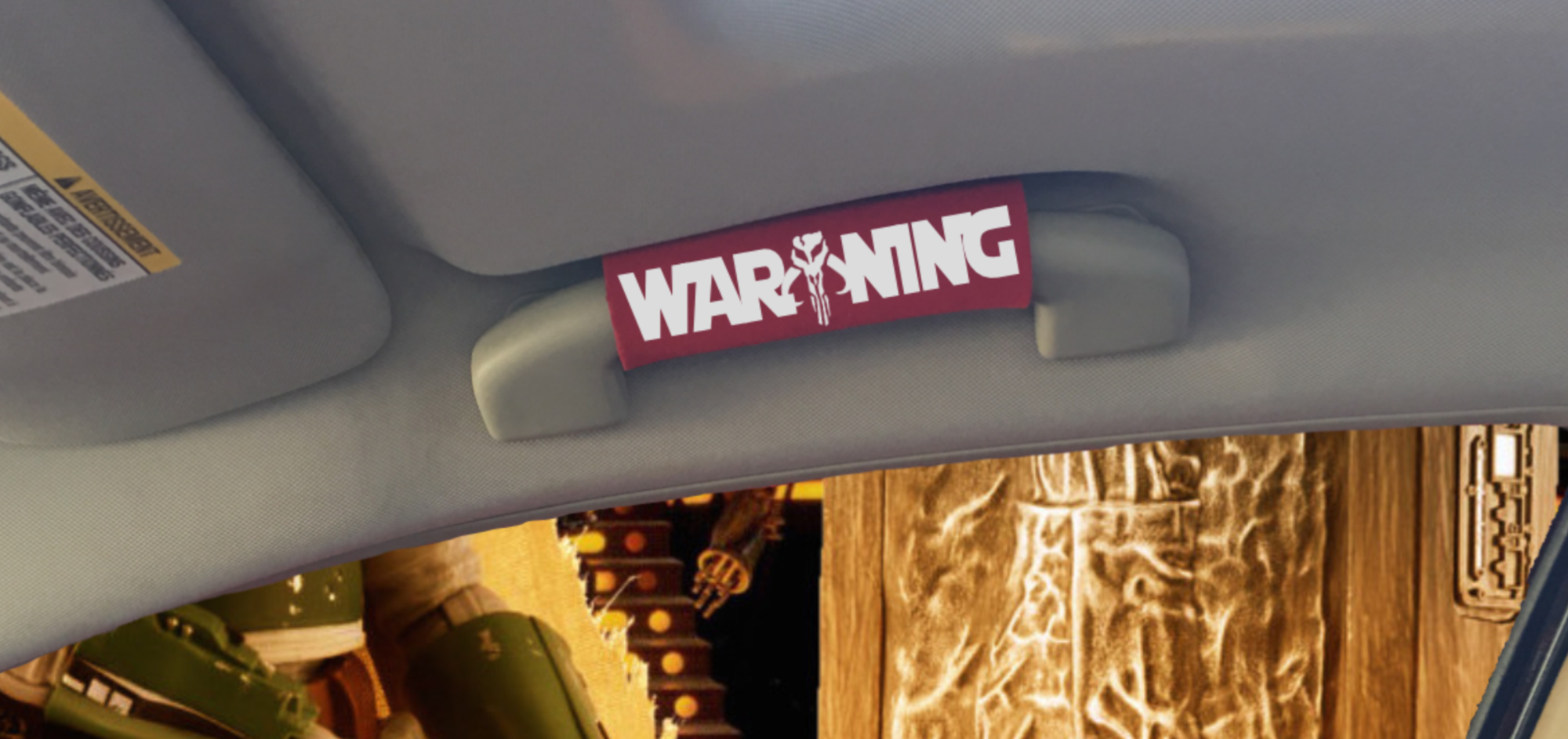 The Warning Grip featuring smooth artwork and a soft base, designed for comfort and style in vehicles.