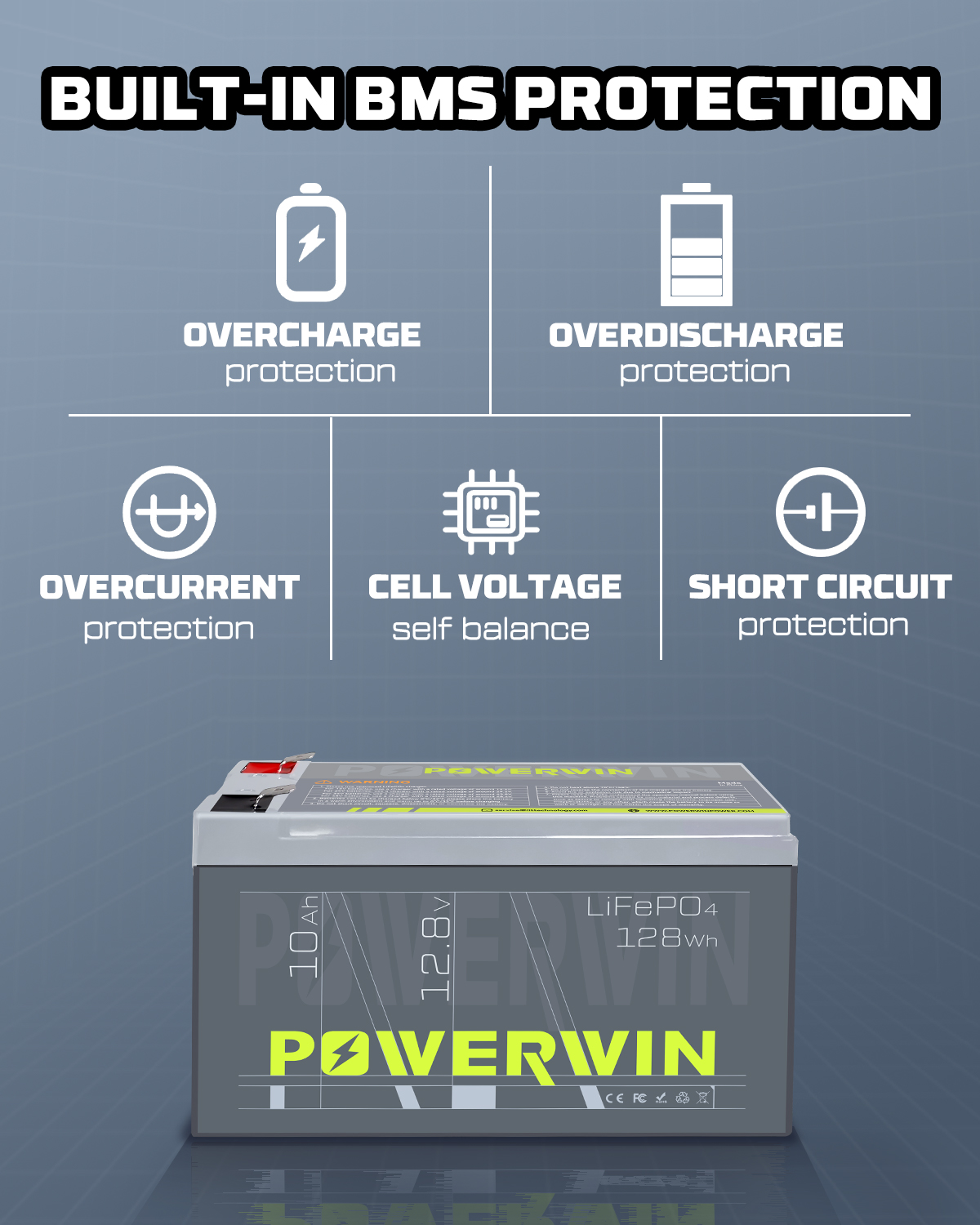 US POWERWIN BT10 12.8V 10Ah LiFePO4 Battery, lightweight and compact design for versatile applications.