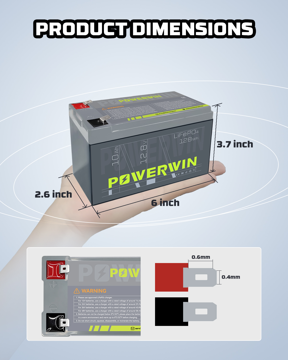 US POWERWIN BT10 12.8V 10Ah LiFePO4 Battery, lightweight and compact design for versatile applications.