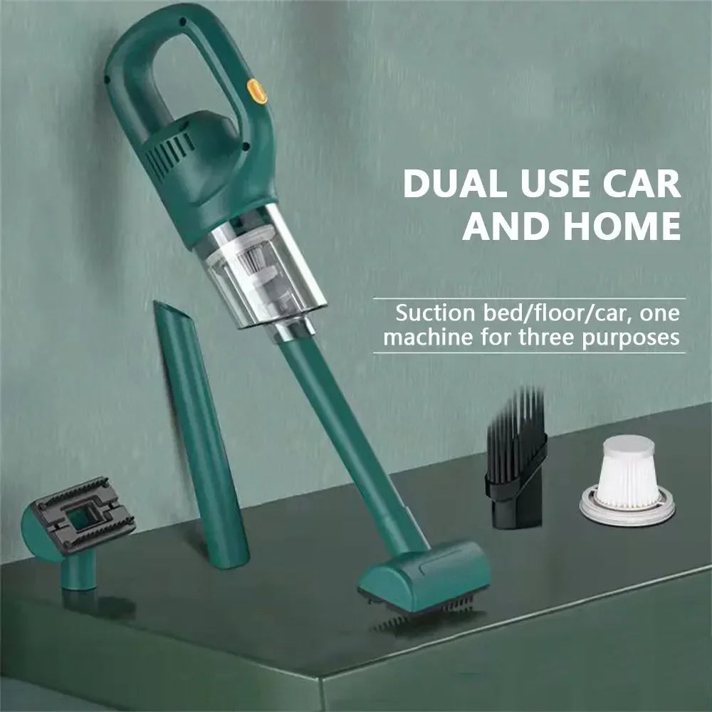 Wireless Handheld Vacuum Cleaner in black and green, showcasing its ergonomic design and detachable dust box.