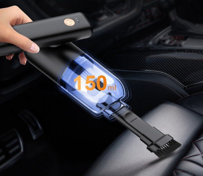 A compact Wireless Vacuum Cleaner designed for handheld use in cars and homes, featuring a sleek design and multiple nozzles.