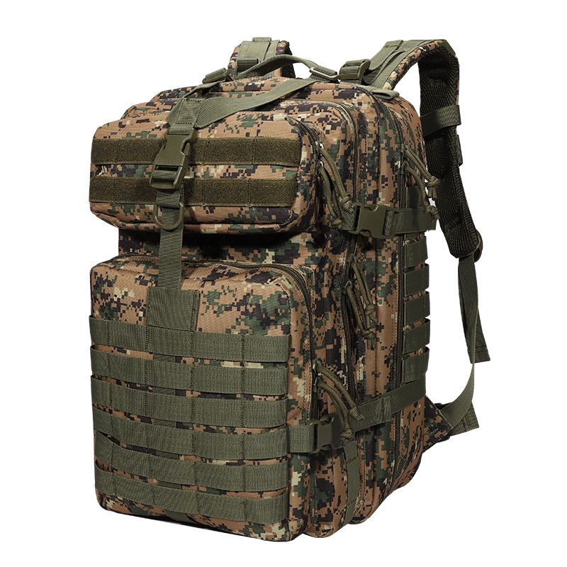 25L/50L Army Military Tactical Backpack in camouflage design, showcasing multiple pockets and ergonomic back support.