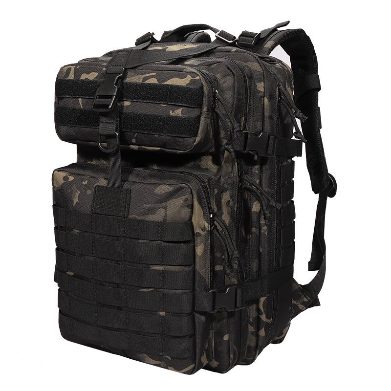 25L/50L Army Military Tactical Backpack in camouflage design, showcasing multiple pockets and ergonomic back support.