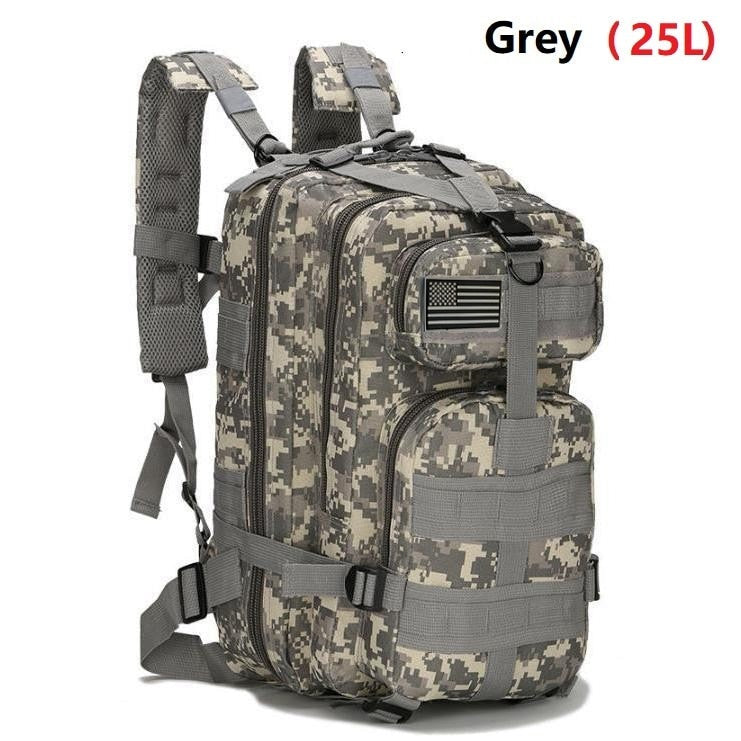 25L/50L Army Military Tactical Backpack in camouflage design, showcasing multiple pockets and ergonomic back support.