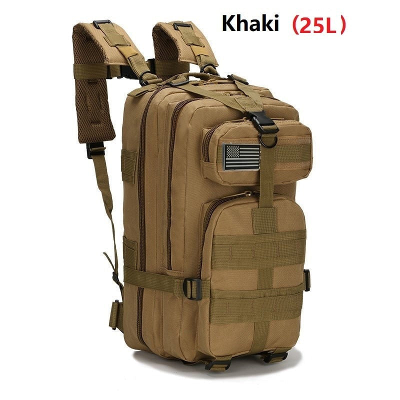 25L/50L Army Military Tactical Backpack in camouflage design, showcasing multiple pockets and ergonomic back support.