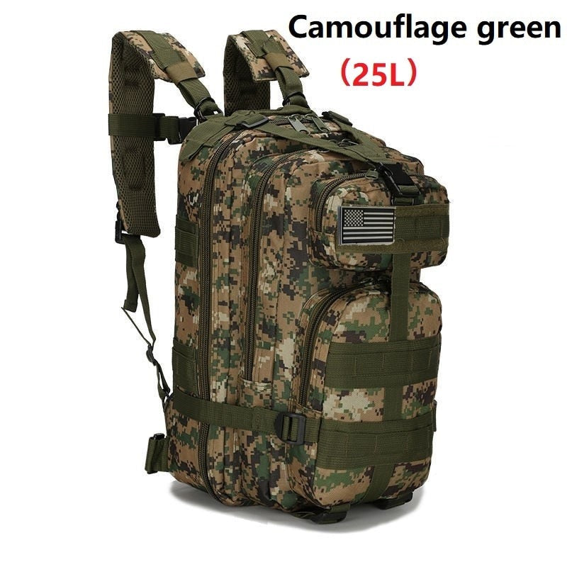 25L/50L Army Military Tactical Backpack in camouflage design, showcasing multiple pockets and ergonomic back support.