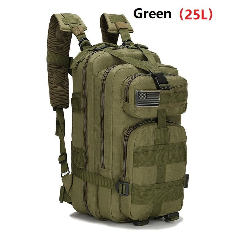 25L/50L Army Military Tactical Backpack in camouflage design, showcasing multiple pockets and ergonomic back support.