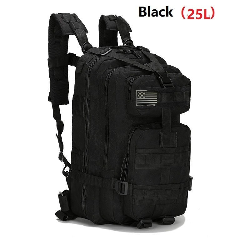 25L/50L Army Military Tactical Backpack in camouflage design, showcasing multiple pockets and ergonomic back support.