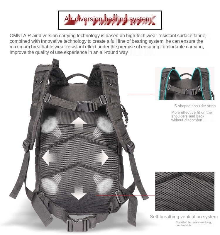 25L/50L Army Military Tactical Backpack in camouflage design, showcasing multiple pockets and ergonomic back support.