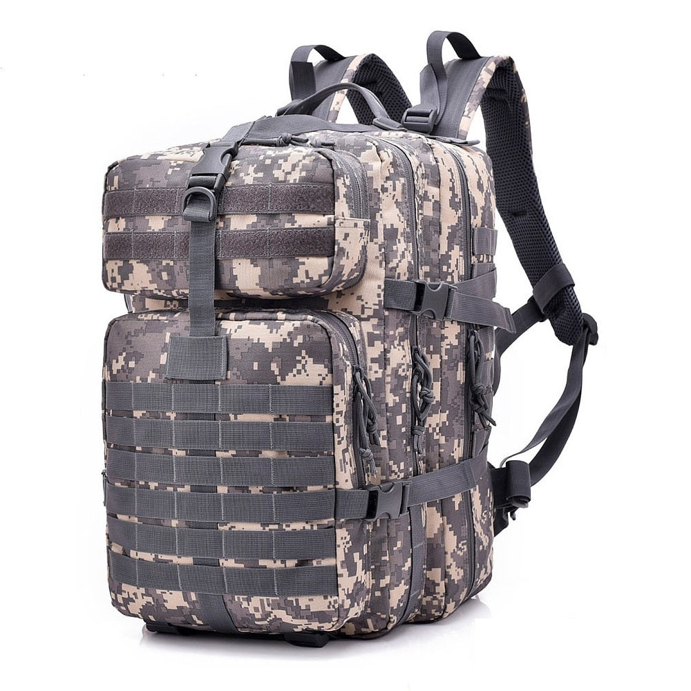 25L/50L Army Military Tactical Backpack in camouflage design, showcasing multiple pockets and ergonomic back support.