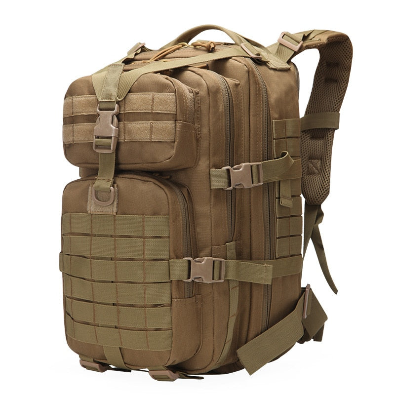 25L/50L Army Military Tactical Backpack in camouflage design, showcasing multiple pockets and ergonomic back support.