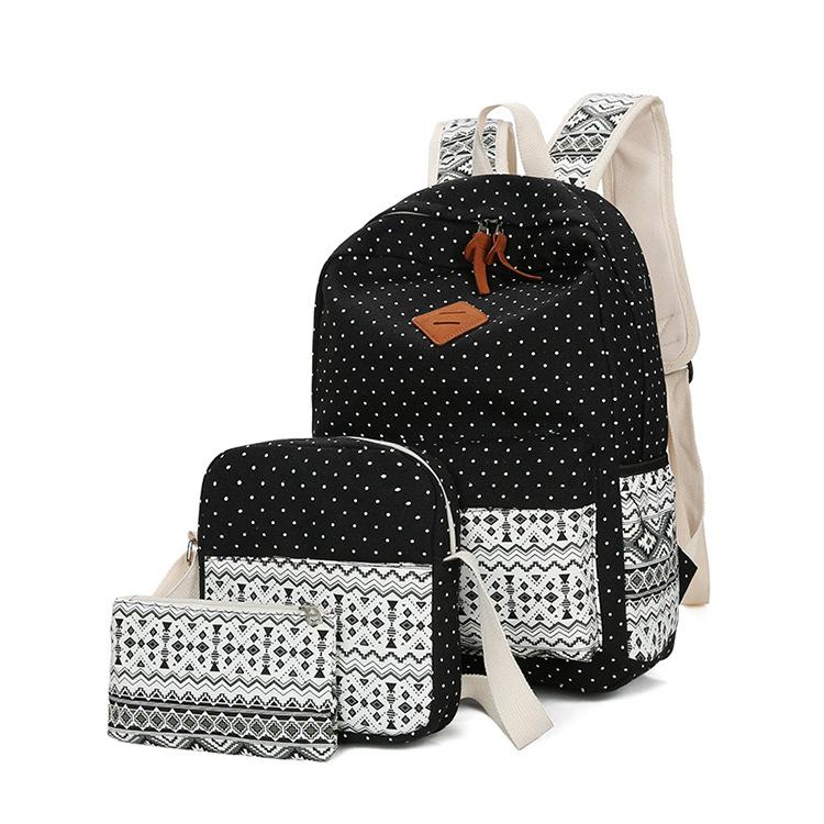 A stylish set of three women's canvas bags featuring a wave point pattern, including a large, medium, and small bag, designed for versatility and organization.