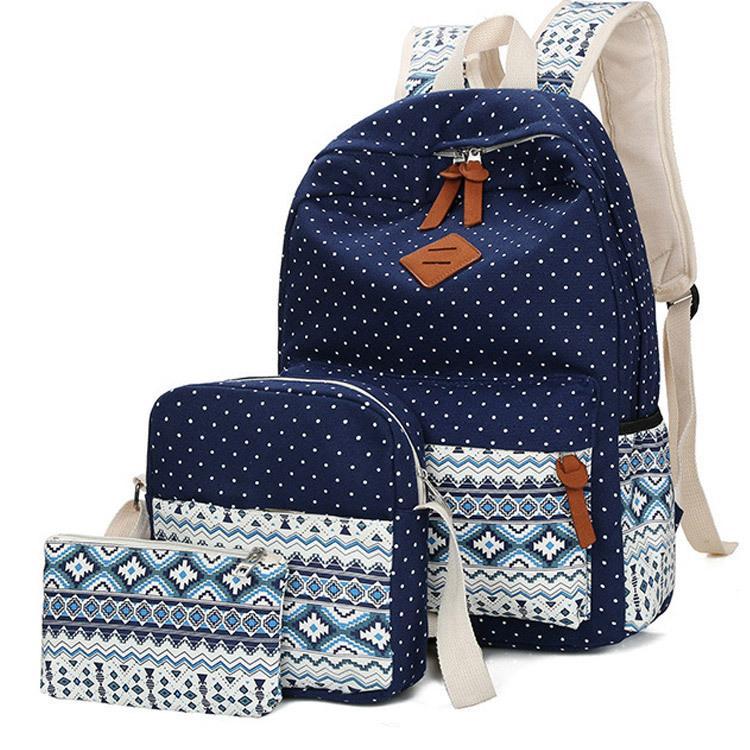 A stylish set of three women's canvas bags featuring a wave point pattern, including a large, medium, and small bag, designed for versatility and organization.