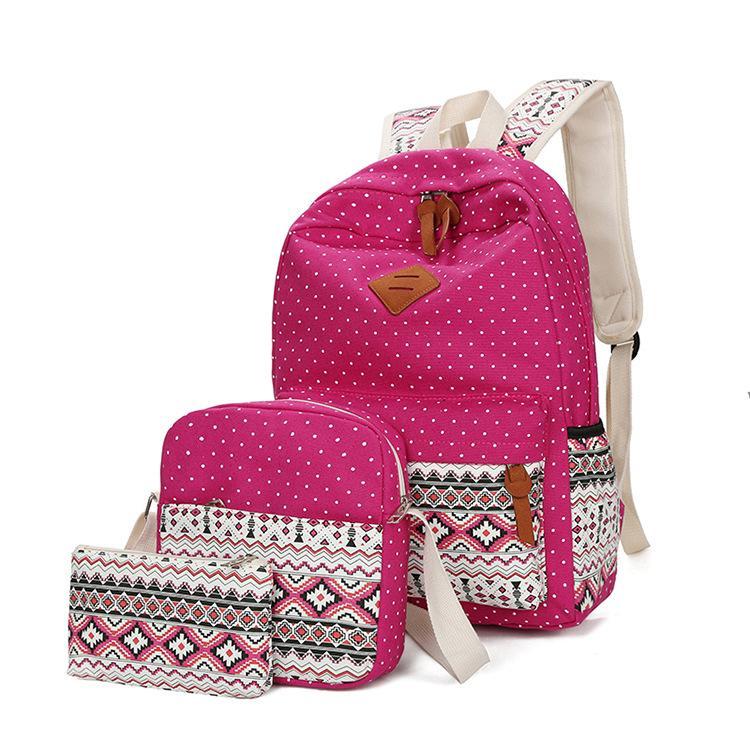 A stylish set of three women's canvas bags featuring a wave point pattern, including a large, medium, and small bag, designed for versatility and organization.