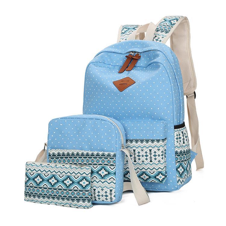 A stylish set of three women's canvas bags featuring a wave point pattern, including a large, medium, and small bag, designed for versatility and organization.