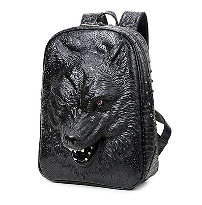 3D Wolf Head Korean Edition Backpack made of PU leather, featuring a unique wolf head design and spacious interior.