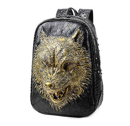 3D Wolf Head Korean Edition Backpack made of PU leather, featuring a unique wolf head design and spacious interior.