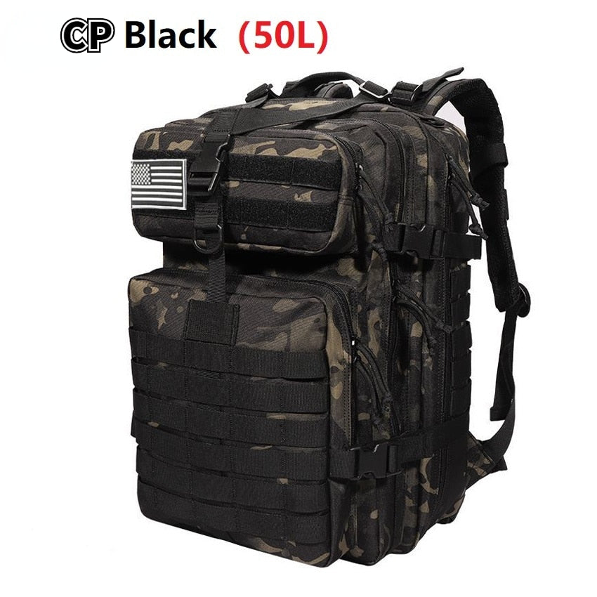 50L/30L Camo Military Bag featuring a durable waterproof design, adjustable straps, and Molle system for tactical use.