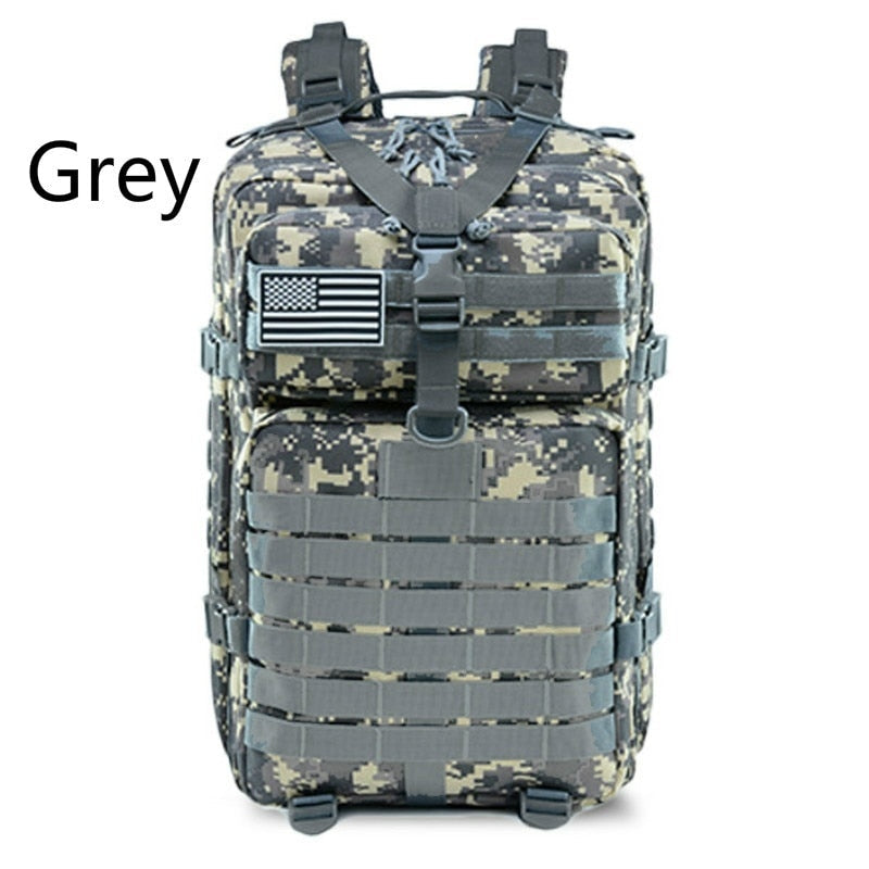 50L/30L Camo Military Bag featuring a durable waterproof design, adjustable straps, and Molle system for tactical use.