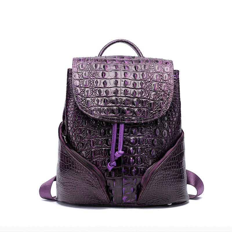 Ancient Style Solid Color Crocodile Pattern Backpack made from first layer cowhide, featuring a stylish crocodile pattern and versatile shoulder straps.