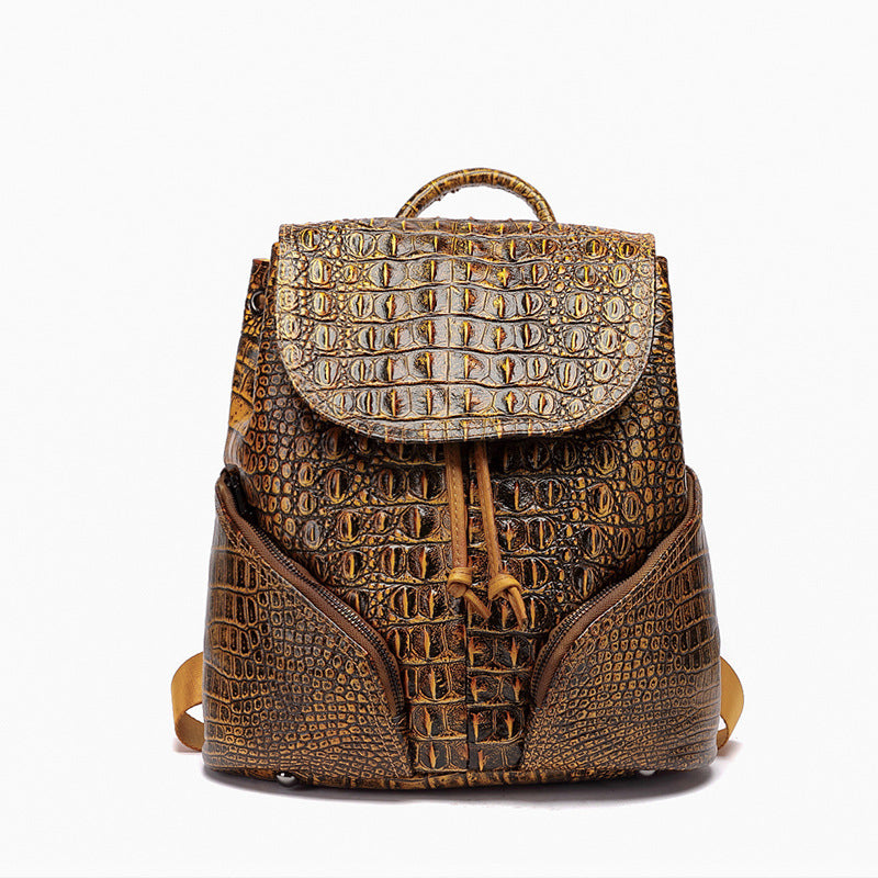 Ancient Style Solid Color Crocodile Pattern Backpack made from first layer cowhide, featuring a stylish crocodile pattern and versatile shoulder straps.