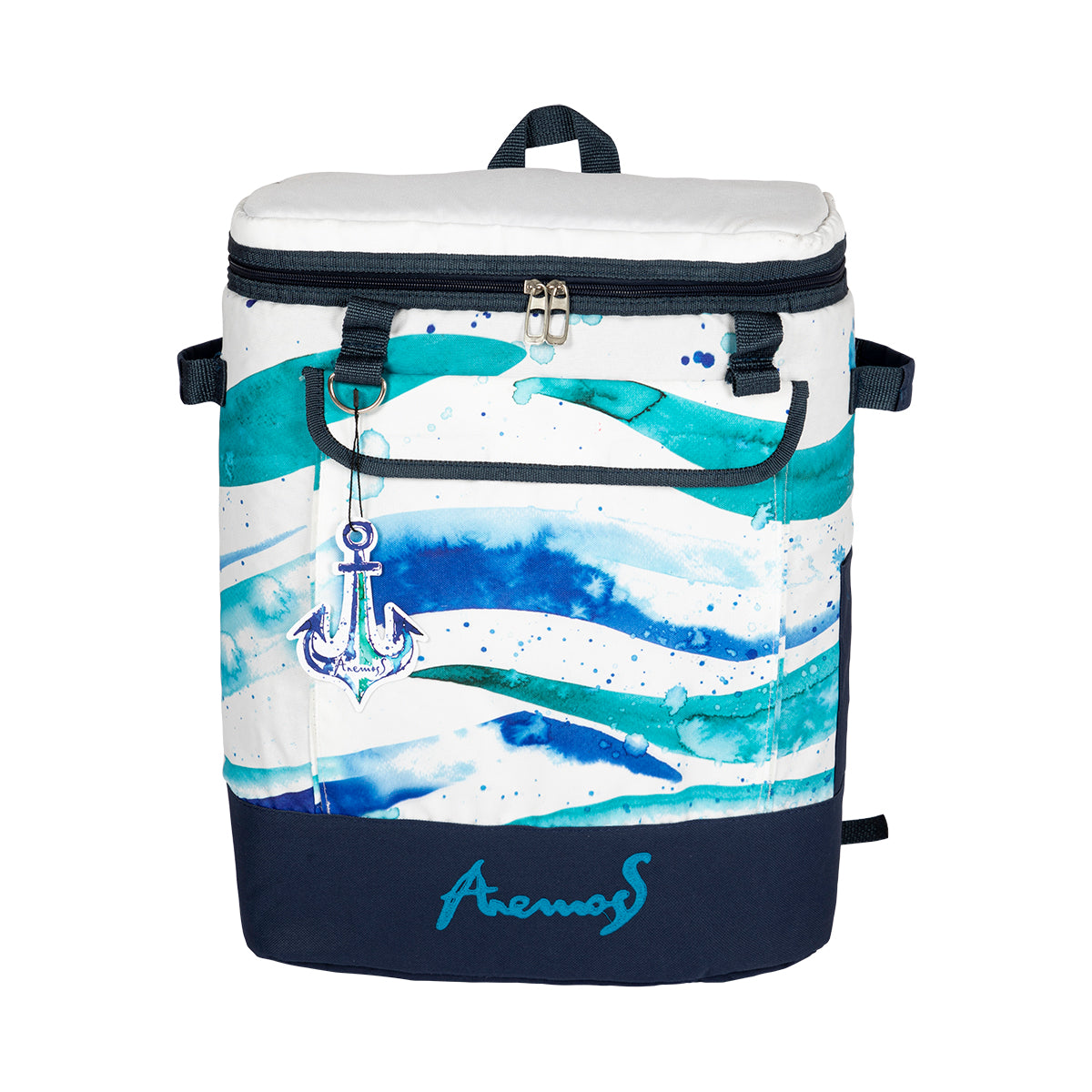 Anemoss Marine Collection Waves Kühlrucksack in Weiß, ideal für Picknicks und Strandtage, mit praktischen Taschen und verstellbaren Gurten.