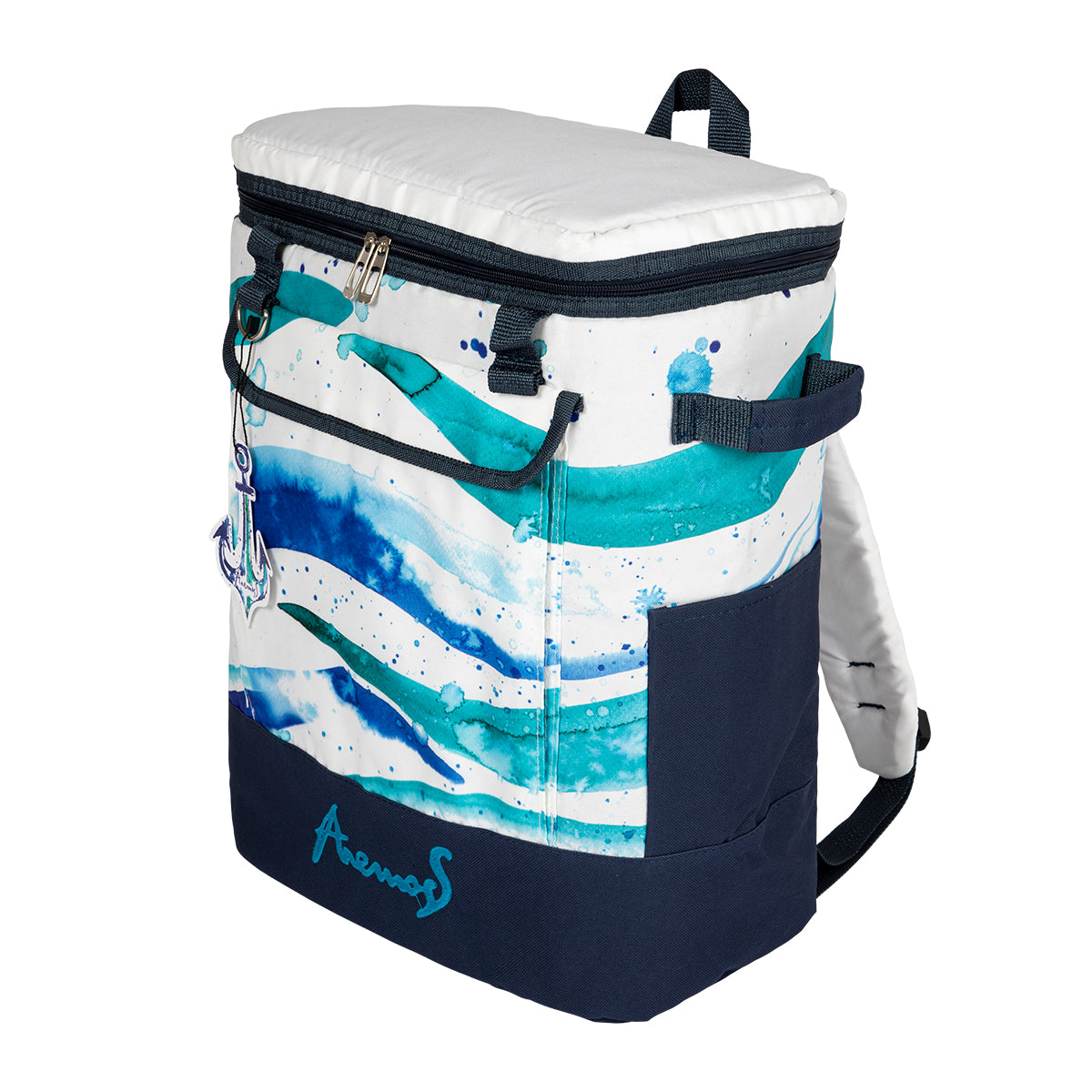 Anemoss Marine Collection Waves Kühlrucksack in Weiß, ideal für Picknicks und Strandtage, mit praktischen Taschen und verstellbaren Gurten.