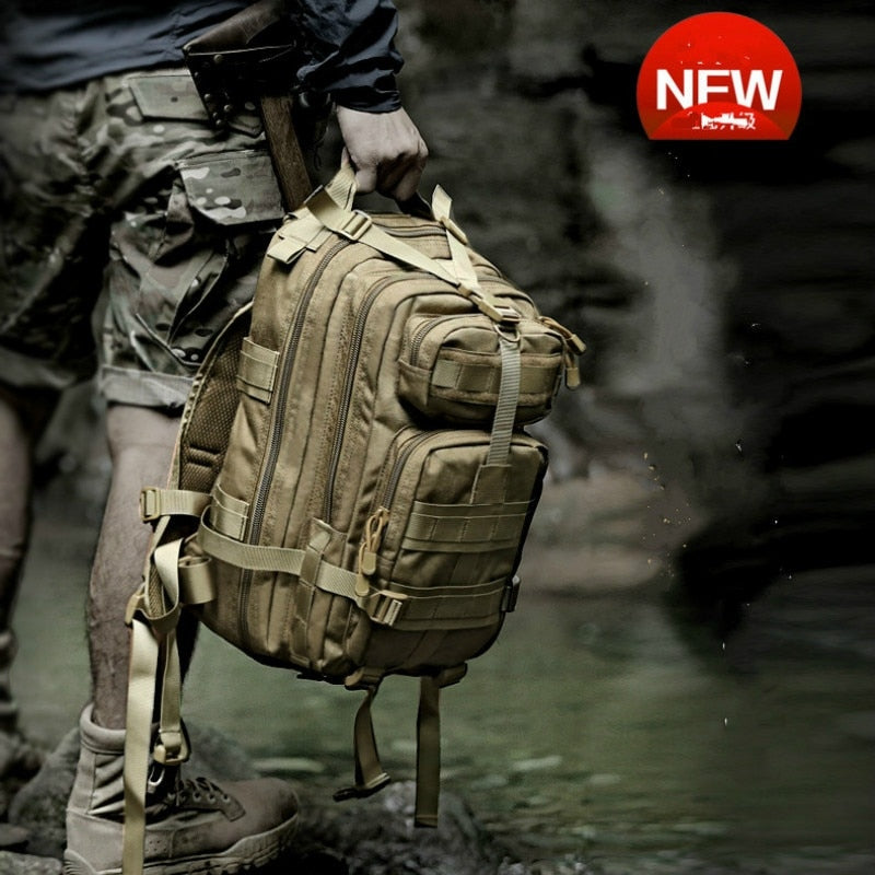 A tactical hiking backpack made of durable 1000D nylon, available in various colors, featuring multiple compartments and adjustable straps.