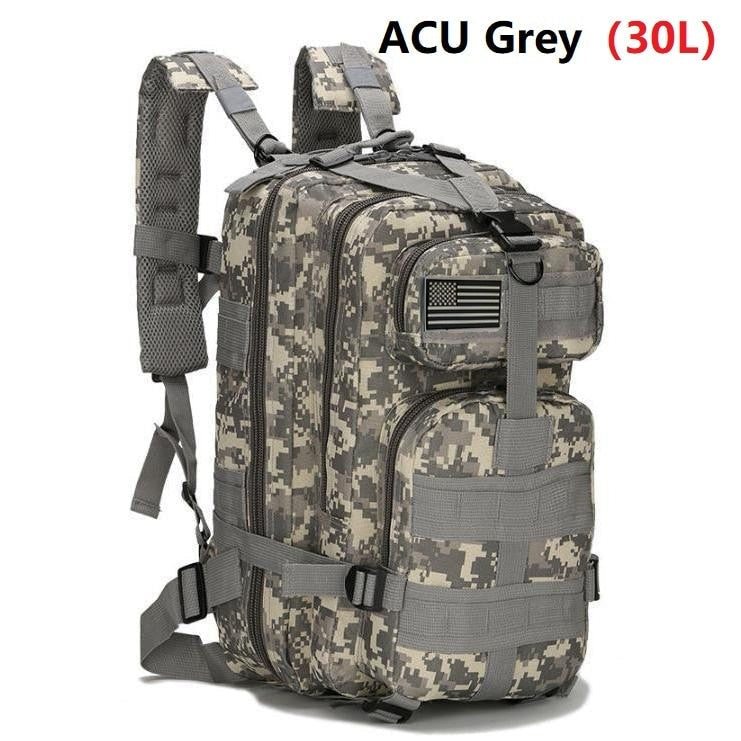 A tactical hiking backpack made of durable 1000D nylon, available in various colors, featuring multiple compartments and adjustable straps.