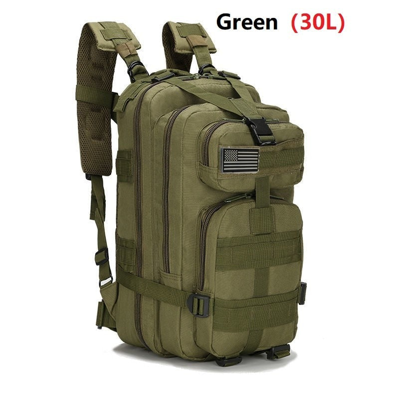 A tactical hiking backpack made of durable 1000D nylon, available in various colors, featuring multiple compartments and adjustable straps.