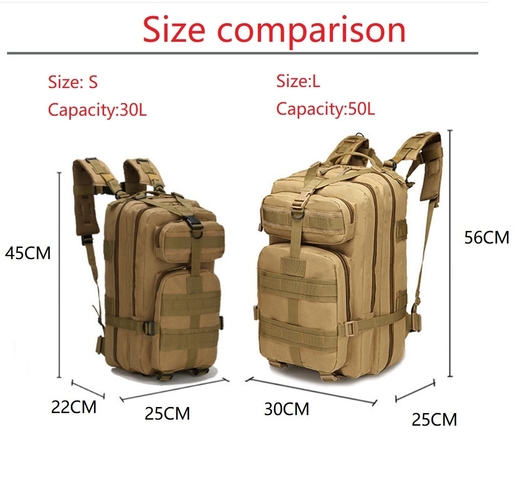 A tactical hiking backpack made of durable 1000D nylon, available in various colors, featuring multiple compartments and adjustable straps.