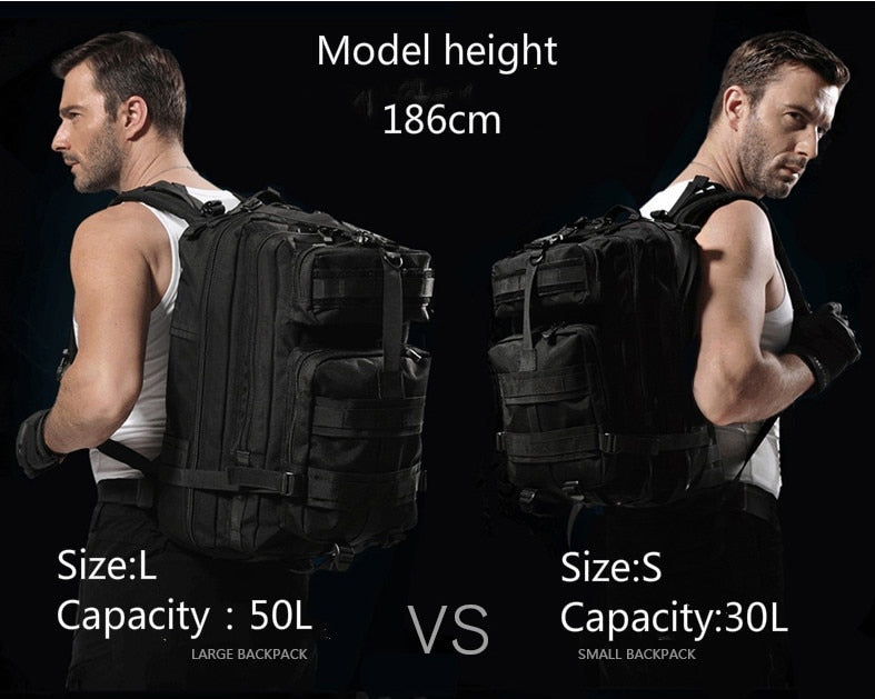 A tactical hiking backpack made of durable 1000D nylon, available in various colors, featuring multiple compartments and adjustable straps.