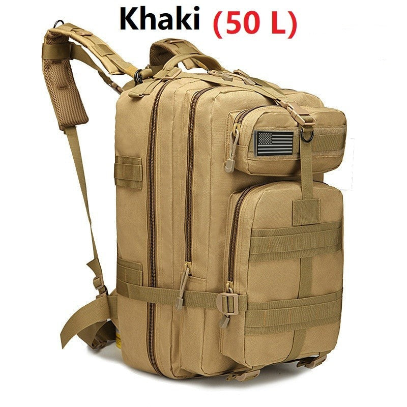 A tactical hiking backpack made of durable 1000D nylon, available in various colors, featuring multiple compartments and adjustable straps.