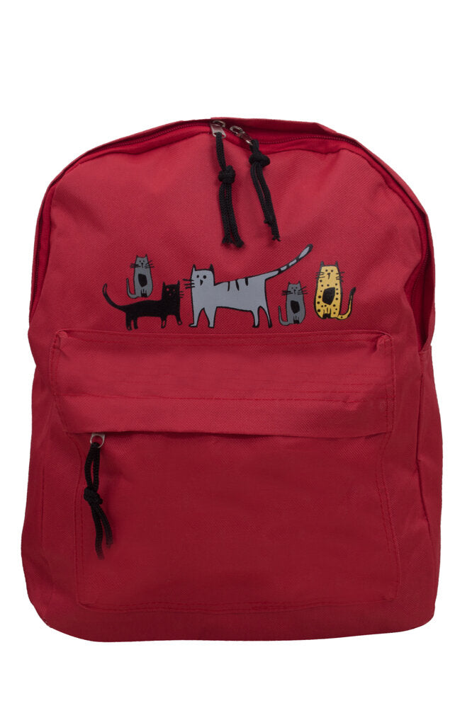 Biggdesign Cats Mini Rucksack in Rot, aus hochwertigem Polyester und Baumwolle, mit niedlichem Katzenmuster und ergonomischem Design.