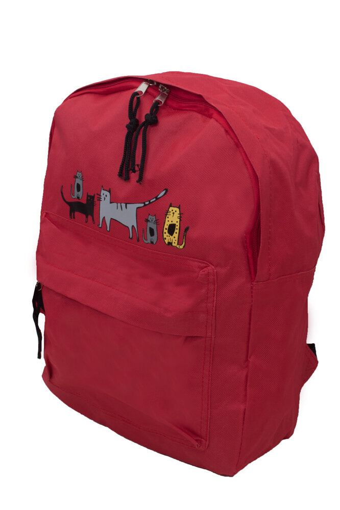 Biggdesign Cats Mini Rucksack in Rot, aus hochwertigem Polyester und Baumwolle, mit niedlichem Katzenmuster und ergonomischem Design.