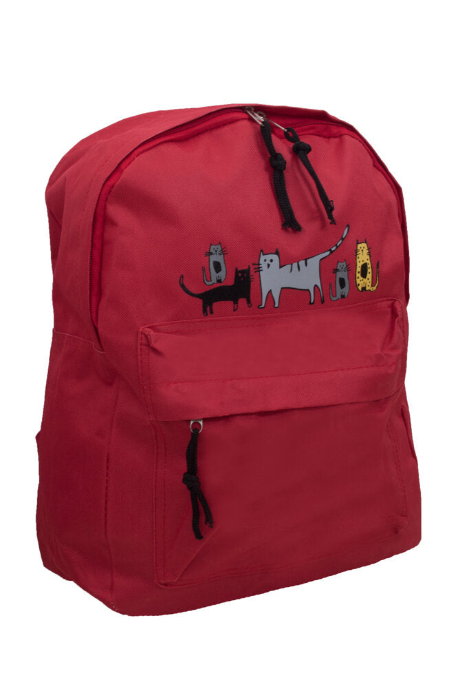 Biggdesign Cats Mini Rucksack in Rot, aus hochwertigem Polyester und Baumwolle, mit niedlichem Katzenmuster und ergonomischem Design.