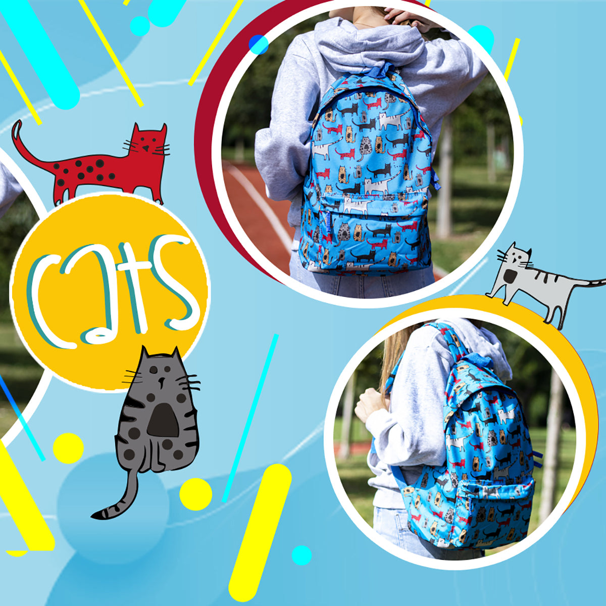 Biggdesign Cats Rucksack in Blau mit stilvollem Katzenmuster, ideal für Schule und Freizeit, aus hochwertigem, wasserdichtem Material gefertigt.